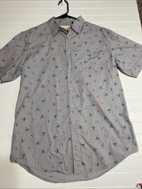 Coastal Short Sleeve Button Down Shirt Mens L‎ 100% Cotton Gray Hula/Palm Tree